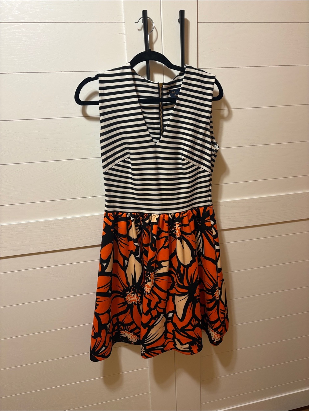 Just...Taylor Black & White Striped Bodice with Orange Floral Skirt Dress